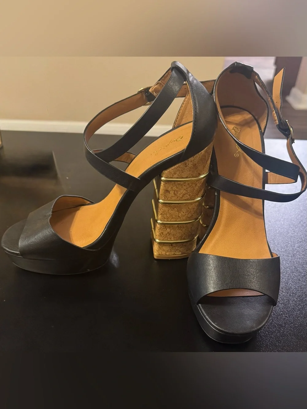 Qupid Black Platform Sandals with Cork Block Heel and Gold Accents